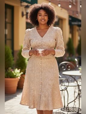 Pearl-Front Lace Skirt Set in Light Beige